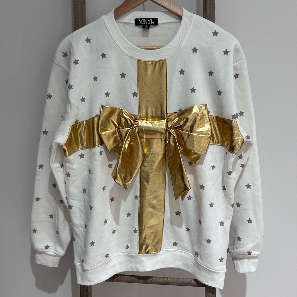 Vinyl Icons Ugly Christmas Sweater White Gold Stars Bow Women’s Size Small NWT